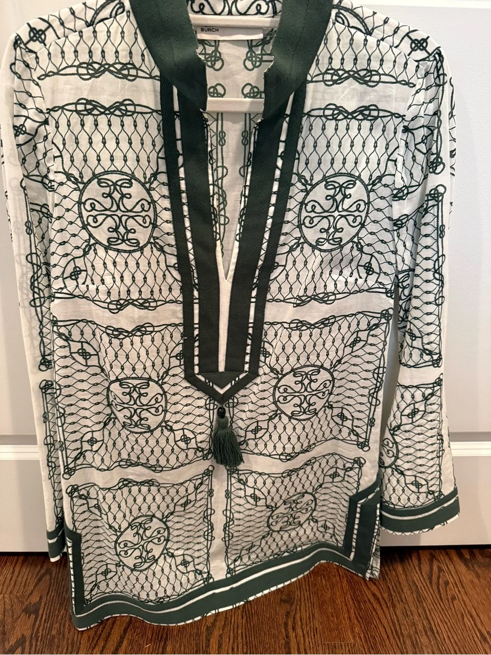 Tory Burch Green & White Printed Tunic with Tassel Tie